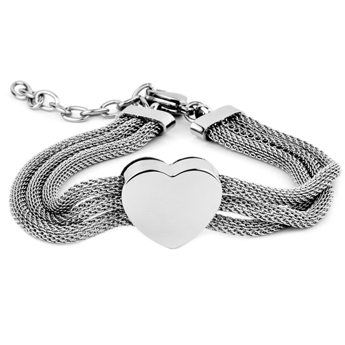 Polished Stainless Steel Heart Mesh Strands Bracelet - 7.5"