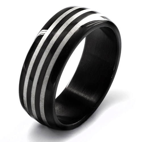 Men's Black Plated Stainless Steel Etched Striped Ring 8mm
