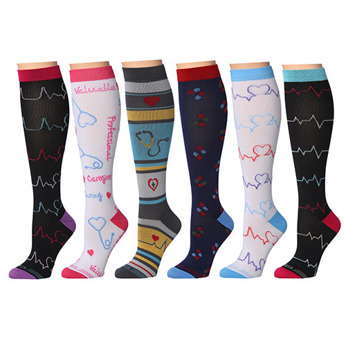 6-Pairs Rexx Women's Patterned Knee-High Compression Socks