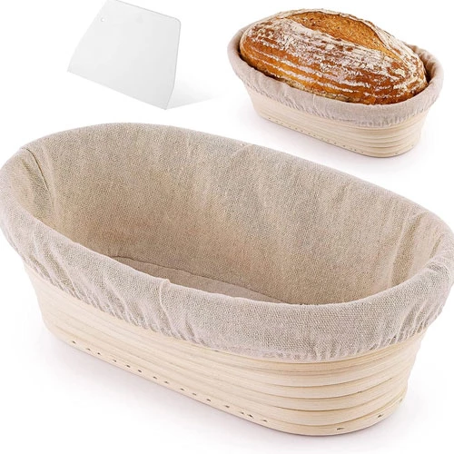 Oval Banneton Basket With Bench Scraper & Linen Cloth