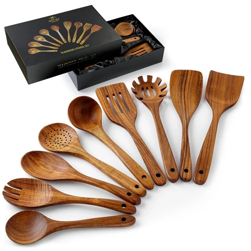 ZK Utensil Set Teak Wood - 9 Piece - Gift Packaging