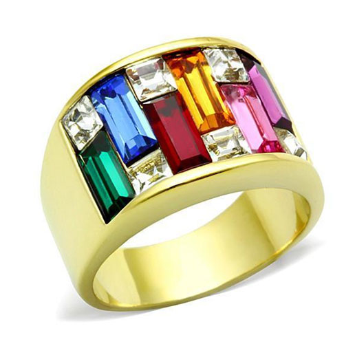 IP Gold (Ion Plating) Stainless Steel Ring With Top Grade Crystal  In Multi Color