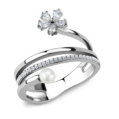 DA059 - High polished (No Plating) Stainless Steel Ring with Synthetic Pearl In White