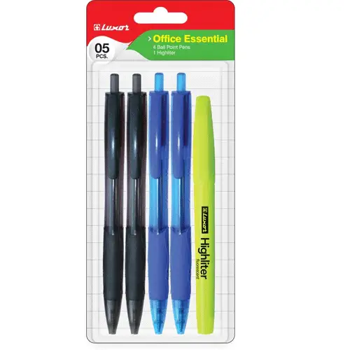 Luxor Essential Office Retractable & Highlighter Pens (5pk Blister)