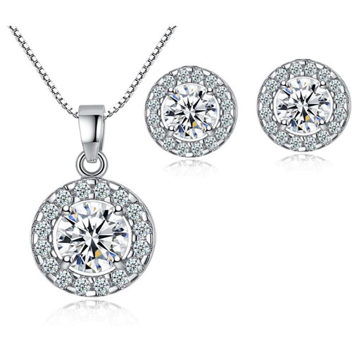 White Gold Cubic Zirconia Necklace Set With Halo Settings