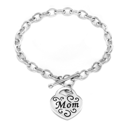 Engraved Mom Heart Charm Toggle Clasp Bracelet